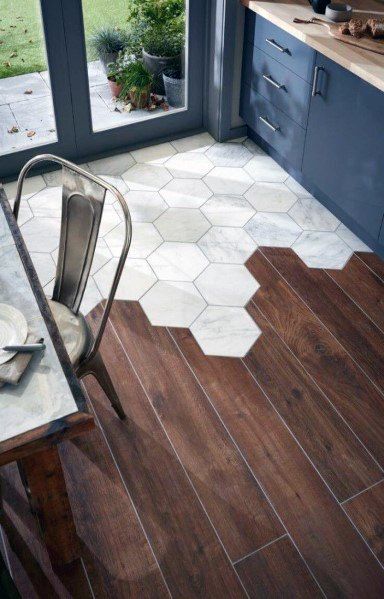 The Polygonal Pattern tile to wood floor transition idea