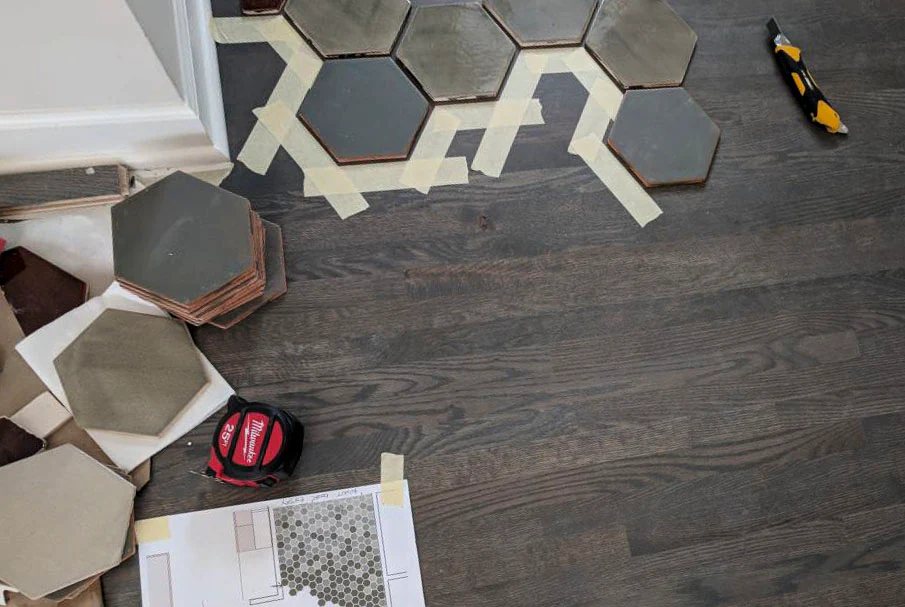 The Polygonal Pattern tile to wood floor transition idea