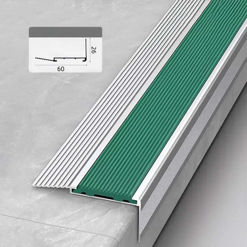 60x26mm Silver Cast Metal Anti Slip Stair Nosings Green Strip