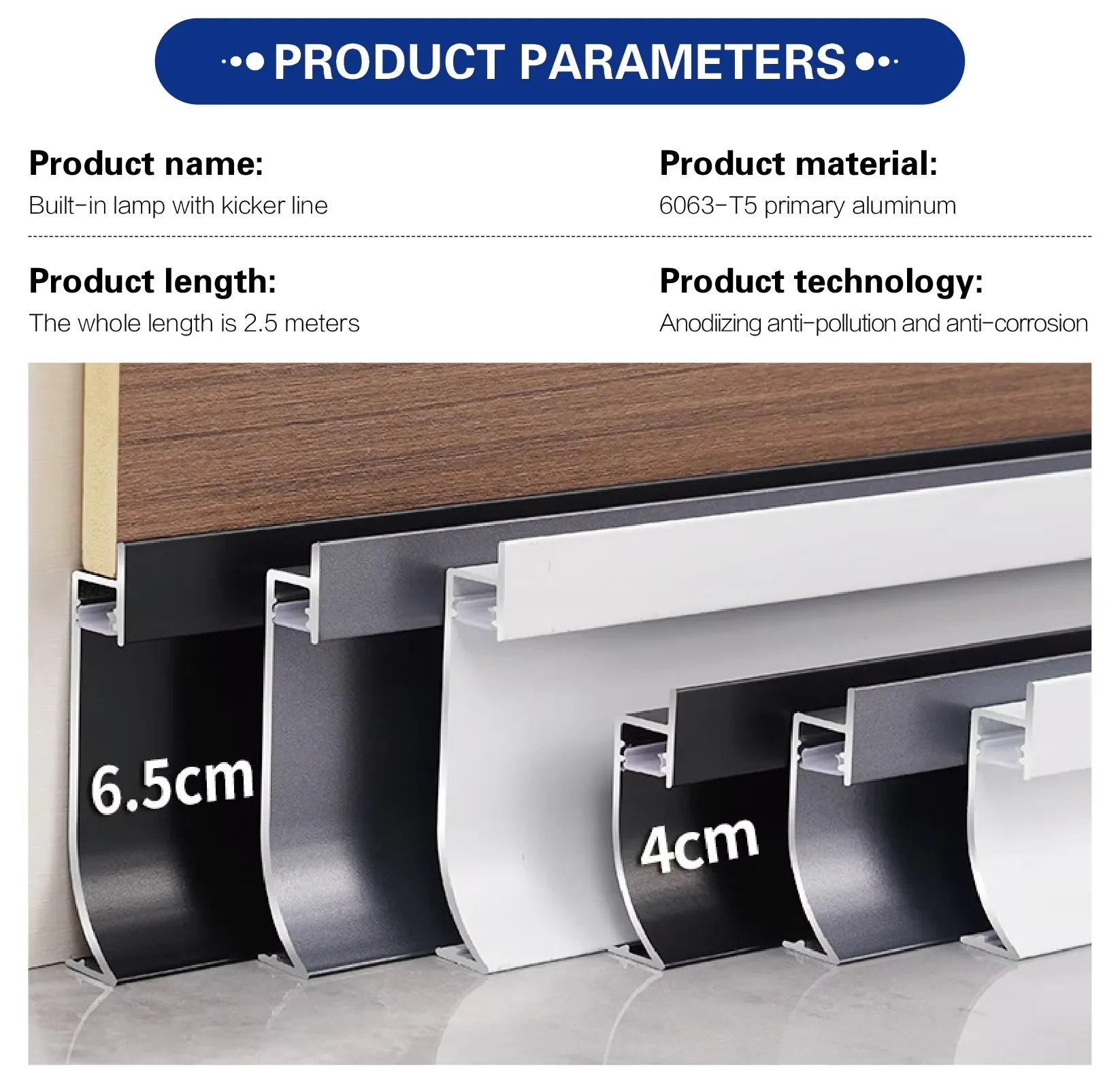 Case 6063 Aluminium Clip On Skirting Brushed SilverBlack 2.5M 005